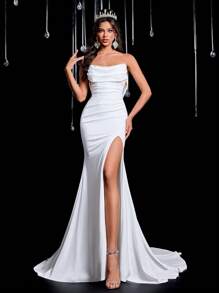 Glamrae 优雅的白色缎面露肩简约分线美人鱼剪裁奢华多层薄纱超长舞会礼服，配有可调节后系带、长拖尾、晚礼服、婚纱、新娘 - 白色 - 查看 1