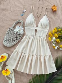 Soleia Váy đỏ hở lưng cổ chữ V giản dị ngày lễ - Màu be - Xem 4