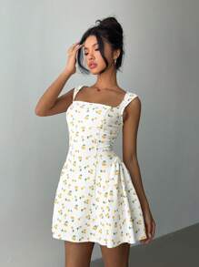 Aloruh 女式樱桃印花方领迷你连衣裙，时尚夏季 - 黃色 - 查看 5