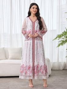 SHEIN Najma 优雅浪漫花卉图案雪纺拼接宽松女式连衣裙 - 彩色 - 查看 3