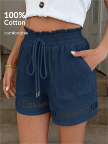 Easowa Shorts cáqui femininos, patchwork de algodão, cintura elástica, primavera/verão, shorts de cintura alta.