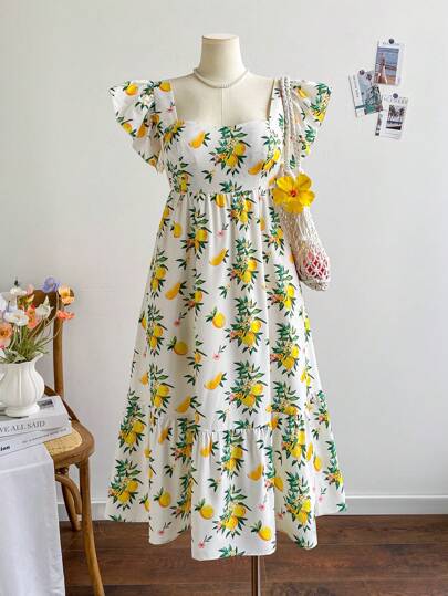 Dreamara Plus Size Women's Vacation Summer Fresh Lemon Print Cap Sleeve Cinched Waist A-Line Midi Dress,Sun Dresses For Women Bohemian Boho  Romantic Floral  Vacation Floral