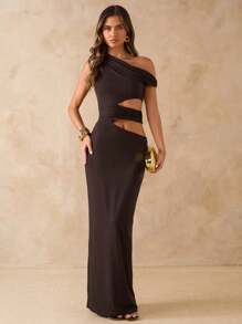 SHEIN BAE Women's Elegant Asymmetric Metal Embellished Maxi Dress,Suitable For Party Gatherings And Daily Commuting Wear, Vacation Outfits Woman,Summer Dress Vacation,Summer Dresses For Women,Tea Party Dress - Brown - View 3