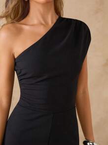 SHEIN BAE Women's Plain Black Asymmetrical Asymmetrical Shoulder Fitted Wide Leg Jumpsuit, Elegant Going Out Outfit For Daily, Date, Travel, Party, Gathering