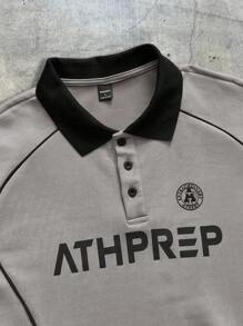 AXEPEAK 男士印花短袖宽松针织 Polo 衫，学校风 - 灰色 - 查看 6