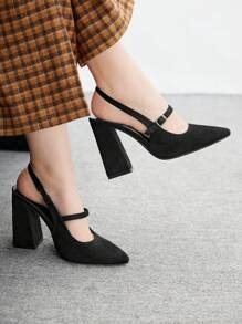 CUCCOO BIZCHIC 基本款简约黑色绒面革粗跟尖头系带时尚女鞋 - 黑色 - 查看 2