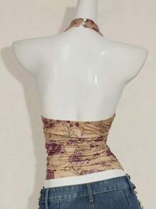 SHEIN ICON Y2K 夏季外出波西米亚西部乡村音乐会女式性感露背花卉印花挂脖上衣，夏季