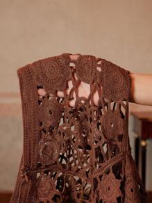 Anewsta Women's Elegant Resort Beach-Wear 3D Floral Decor Crochet Hollow Fringe Trim Off Shoulder Top & Mini Skirt Set, Spring/Summer Festival & Graduation - Brown - View 8