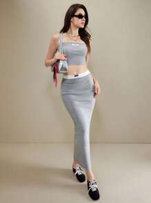 Muvela Women Short Bandeau Knit Top And Mini Skirt 2 Pieces Set, Casual Daily Summer Two Piese Set Women Skirt And Top Set