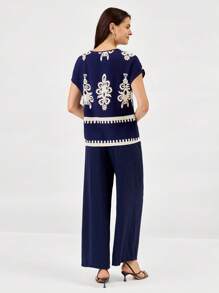 Miaspire Two Pieces Summer Set Bohemian-Style Printed Top & Casual Solid Color Pants Set, Suitable For Beach Vacations