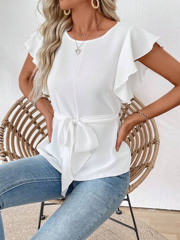 Women's Elegant Solid Color Ruffle Hem Blouse, Summer Babydoll Top Crop Tops Women  Summer Tops