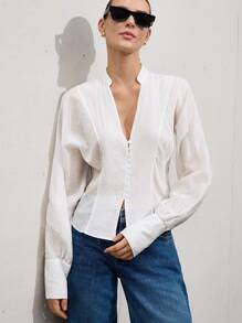Aveloria Modichic Elegant Vacation Textured Sheer Fabric Relaxed & Soft Crossed Strappy Design Long Sleeve Women Shirt Fall Cloth For Women - White - View 4