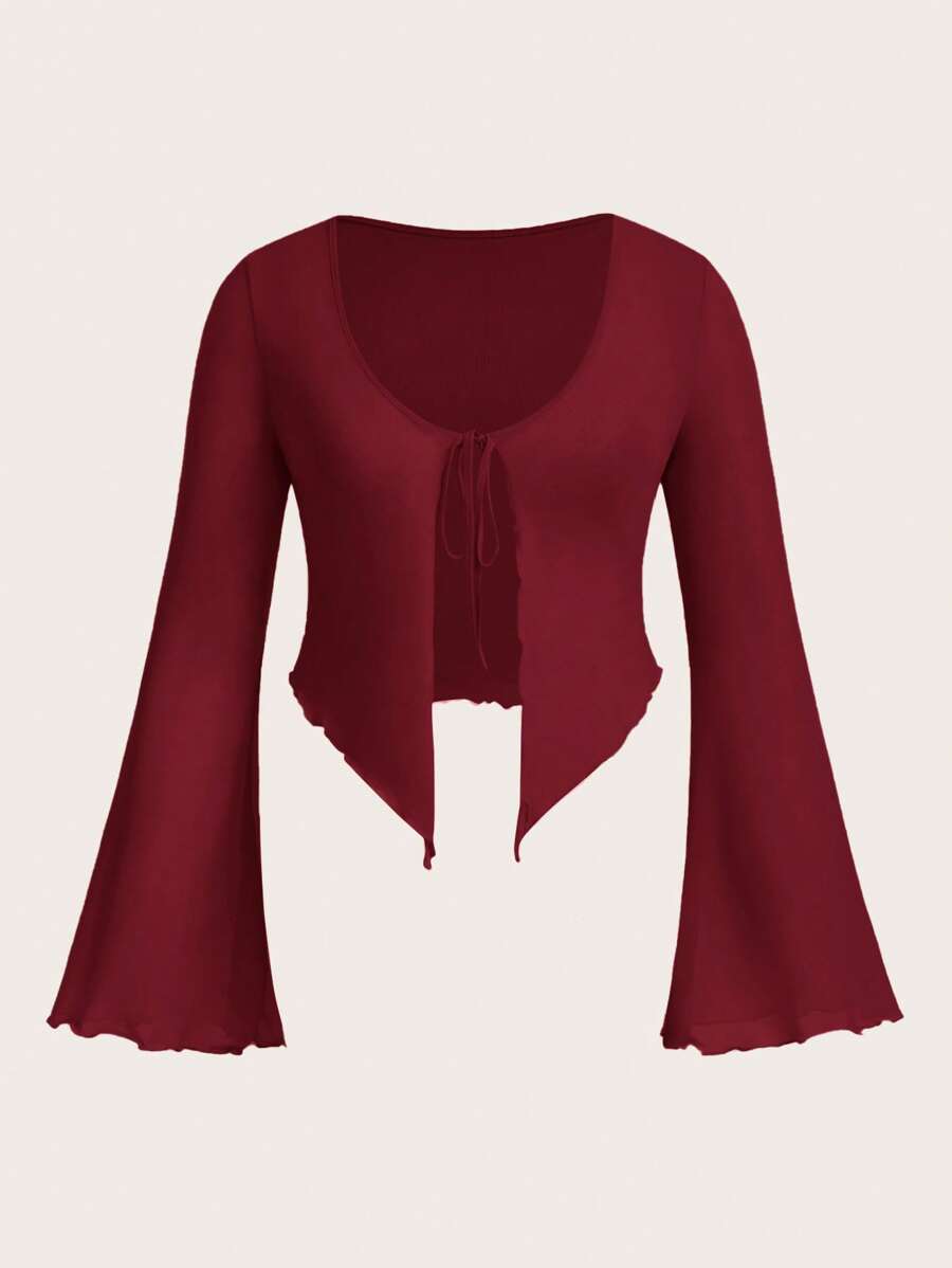 SHEIN ICON ICON 加大码女款黑色系带蝴蝶结针织透视派对上衣，适合万圣节 - 酒紅色 - 查看 1