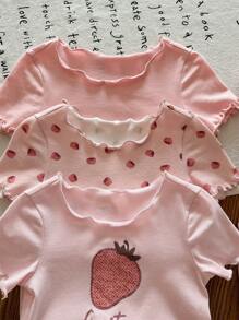 SHEIN LMoss Kids Conjunto de pijama de 6 piezas con camiseta de manga corta cuello redondo y pantalones cortos con volantes y estampado de fresas, suave tejido de punto para niña bebé en verano - Rosa - Ver 3