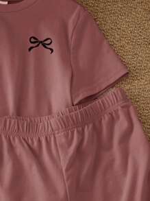 SHEIN Leap Crew 2pcs/Set Tween Girls' Casual Minimalist Style Short Sleeve Shorts Set, Suitable For Summer - Dusty Purple - View 4