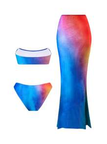 Swim Oasis Bohemian Style Women Printed Bikini Swimsuit With Long Cover Up Skirt Set, Suitable For Beach Vacation For Summer