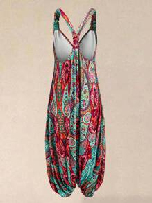 Flirla 加大码女式休闲腰果花印花连体裤，可调节肩带，波西米亚风，宽松