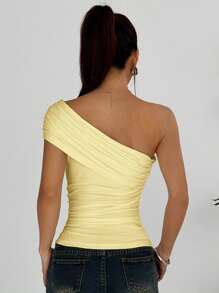 SHEIN EZwear 女士奶油黄色休闲不对称领口衬衫夏季上衣 - 黃色 - 查看 2