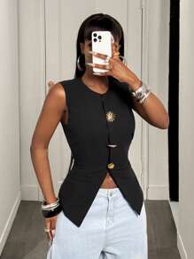 BamGleam Women Sleeveless Cotton Linen Vest Blazer - Black - View 5