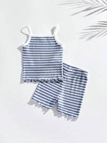 THE HAPPY LOOK Conjunto de top de camisola acanalado azul y shorts pitillo de cintura elástica para niñas jóvenes, en estilo casual y cómodo