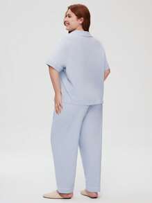 LUVLETTE Women's Plus-Size Soft 100% Pure Cotton Basic Button-Up Top & Pants Loungewear Pajama Set Pants With Pockets,Spring And Summer Cotton Pajamas - Blue - View 2