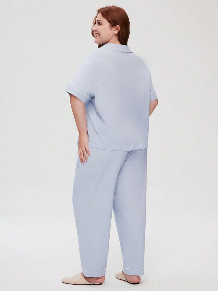 Plus Soft Cotton Basic Button-Up Top & Pants Loungewear Pajama Set