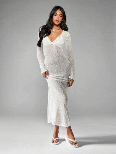 MISSGUIDED Long Sleeve Knit Mesh Maxi Cover Up With Cutout｜MISSGUIDED