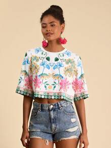 Travachic Áo thun nữ cổ tròn tay ngắn in họa tiết nhiệt đới cho kỳ nghỉ hè, đi biển, trang phục phương Tây, hòa nhạc, phong cách Boho, nhiệt đới - Nhiều màu - Xem 5