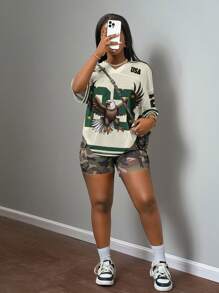 Slaydiva 女士加大码休闲简约 T 恤，适合夏季、音乐节、复活节、西式、游牧风格、生日派对、毕业典礼、学生装、日常外出、基本百搭、休闲、度假、邮轮旅行、海滩、日光浴、在线流行、宽松版型、运动装、字母和数字印花、迷彩、撞色条纹、网眼 - 彩色 - 查看 9