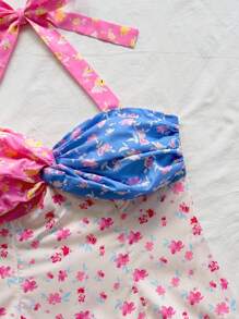 Soleia Women's Summer Vacation Colorful Ditsy Floral Ruffled Halter Tie-Back Bowknot Mini Dress With Layered Ruffle Hem, Suitable For Underdress Or Outerwear Women Short Dresses Summer Summer Birthday Dress