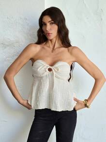 SHEIN Tall Blusa de mujer de unicolor con hombros descubiertos, lazo delantero y volantes texturados, atuendo para conciertos, festivales rave y música country de verano
