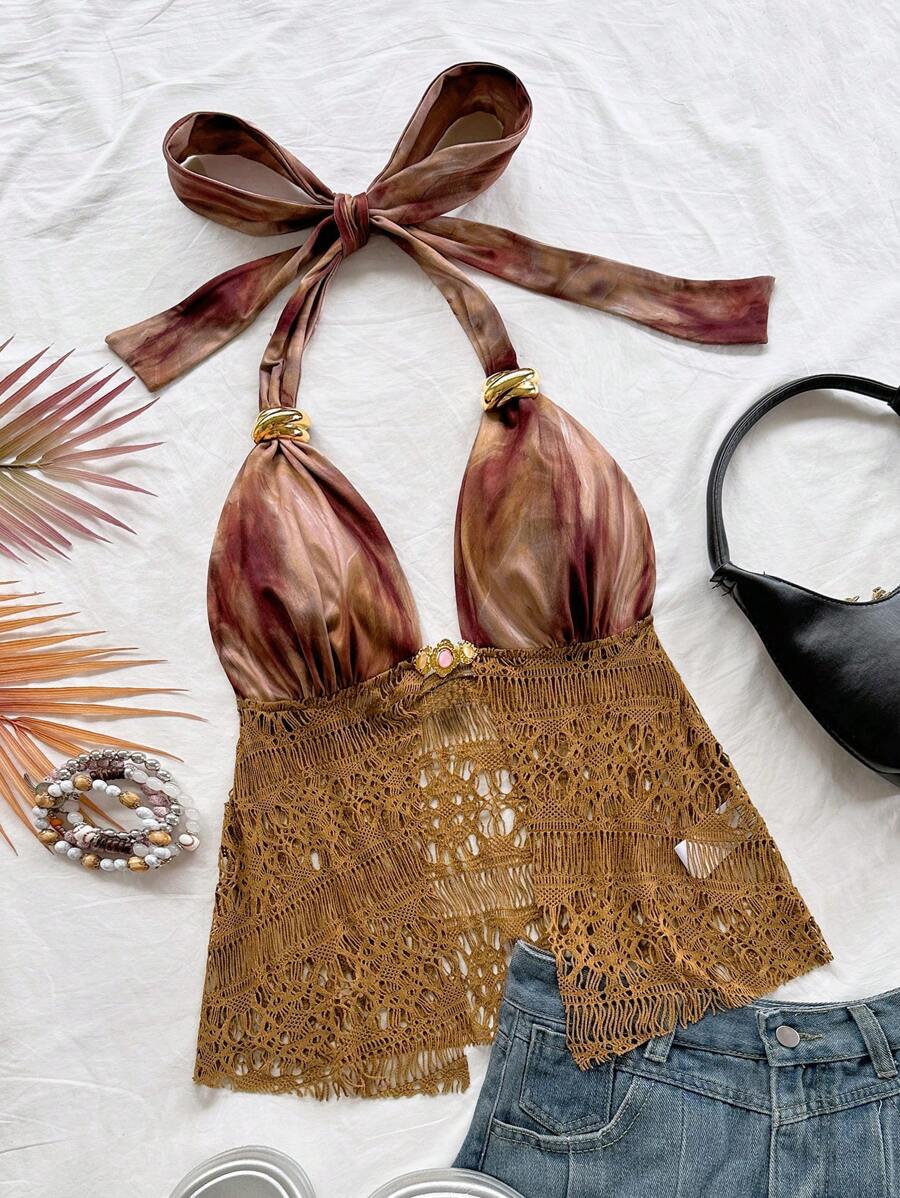 Soleia Parte superior sin mangas con cuello de halter, tejida en tela de malla calada con estampado retro de teñido anudado, con decoración de hebilla metálica y dobladillo en línea A, elegante y sexy para fiestas, citas, festivales, playa, verano