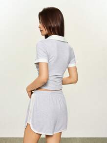 INAWLY 2 buc/set femei versatile broderie model sport crop top și pantaloni scurți - Gri deschis - Vizualizare 3