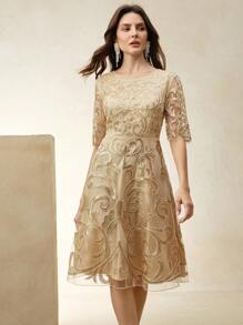 Anewsta 女士优雅约会之夜刺绣亮片中袖束腰连衣裙，春夏季，节日，毕业典礼 - 金色 - 查看 5