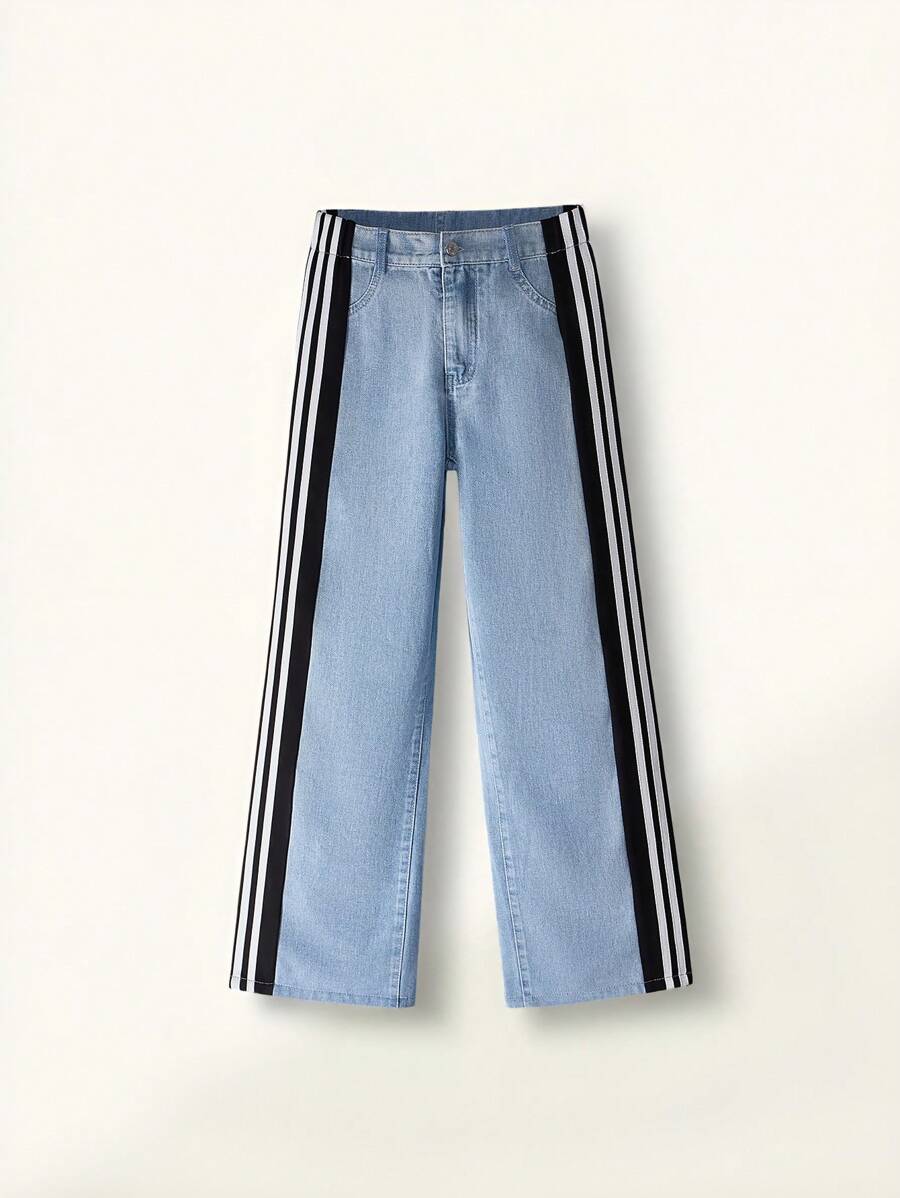 SHEIN Explorewe Retro American Street Black & White Stripe Patchwork Loose Comfortable Casual Wide Leg Jeans For Teen Girls