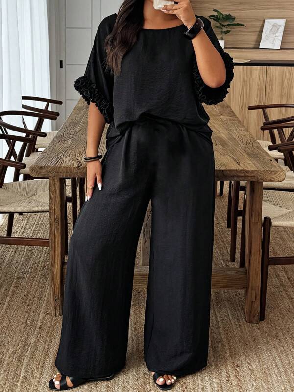 Weeklong Plus Size Dames Effen Kleur Ronde Hals Vleermuismouwen Shirt en Wijde Broek Casual 2-delige Set