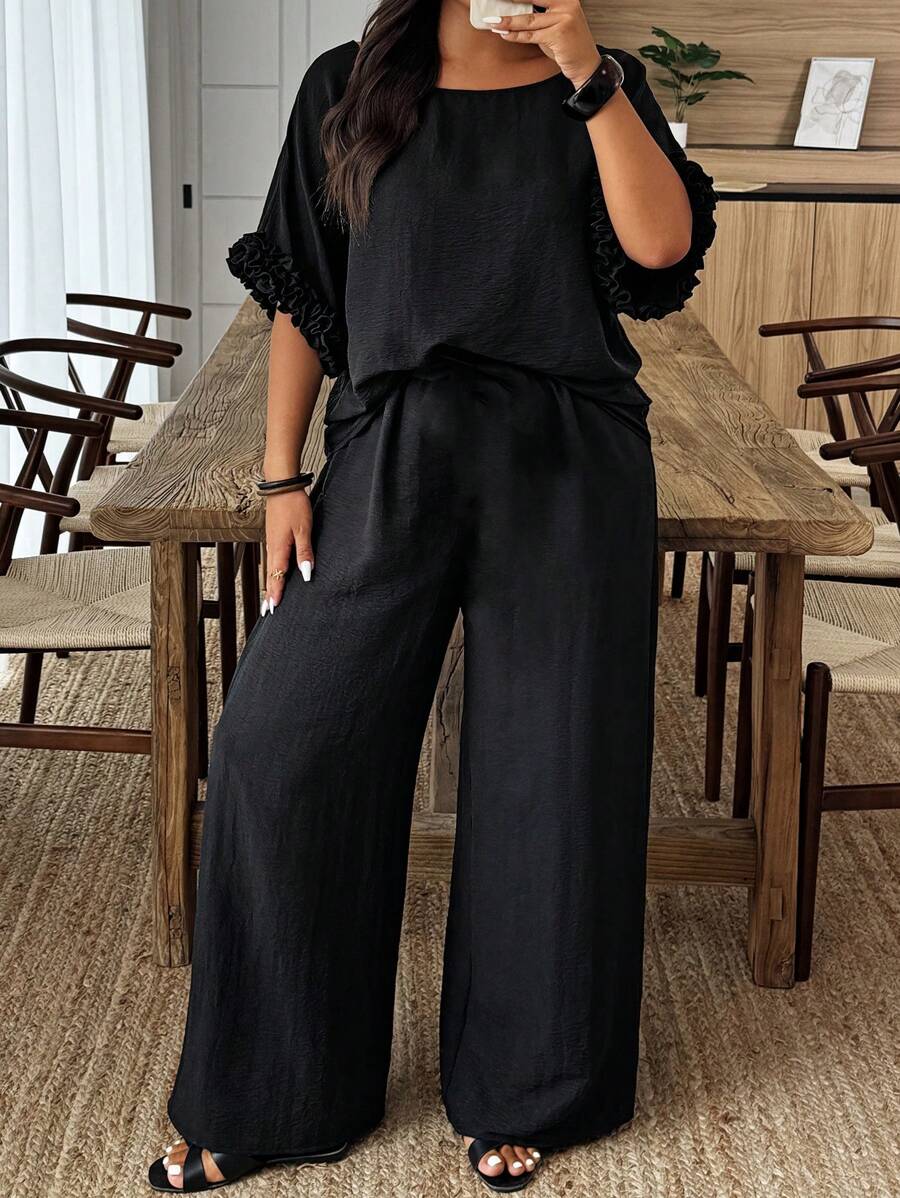 EMERY ROSE Plus Size Women's Solid Color Round Neck Batwing Sleeve Shirt And Wide Leg Pants Casual 2 Pieces Set