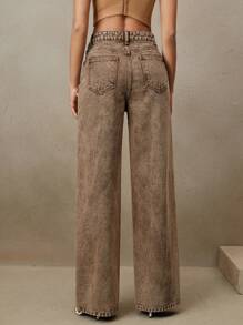 SHEIN X Jwoww Anewsta 女士棕色高腰串珠直筒宽松阔腿裤，时尚百搭，适合春夏、情人节、派对、节日、优雅场合、假日和度假穿着。 - 棕色 - 查看 2