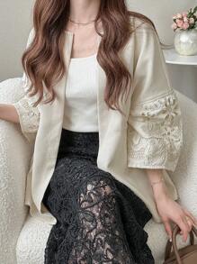 FRIFUL Chaqueta casual de moda de encaje de contraste en la cintura para mujeres, verano