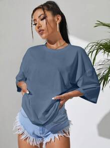 Sundraya Crew Neck Drop Shoulder T-Shirt - Blue - View 3