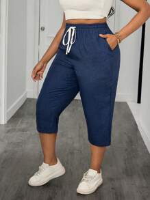 SHEIN PETITE CURVE Plus Drawstring Waist Capris Pants For Summer Vacation,Summer Pants Teacher,Pocket, Spring, Graduation Ceremony, Casual, Blue - Navy Blue - View 4