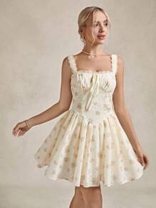SHEIN LUNE Graduation Dress Drop Waist Dress Birthday Dresses For Women Country Music Festival 60s Retro Bubble Skirt Lace Trim White Mini Dress - Pink - View 6