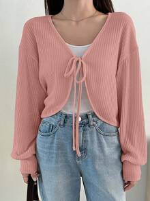 Dazy Plus Camiseta de manga larga con cuello en V y cordón, unicolor, corta, tallas grandes, para primavera/verano y otoño