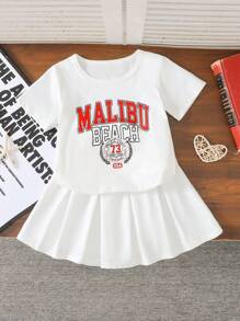 Conjunto informal de 2 piezas para niña, camiseta con estampado de eslogan en inglés y falda mini de unicolor, moda de verano - Gris - Ver 3