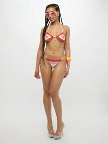 SUMWON WOMEN Conjunto de bikini hecho a mano a crochet con estampado floral, ropa de playa de verano para traje de baño, parte superior tipo halter con tirantes con cuentas y Bottom triangular - Multicolor - Ver 5