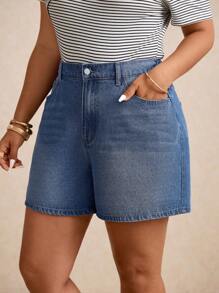 Elaquor Plus Size Summer Casual Washed Denim Shorts - Medium Wash - View 5