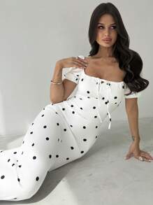 Firerie 女士优雅简约褶皱方领波尔卡圆点连衣裙，适合日常穿着和度假，夏季 - 白色 - 查看 6