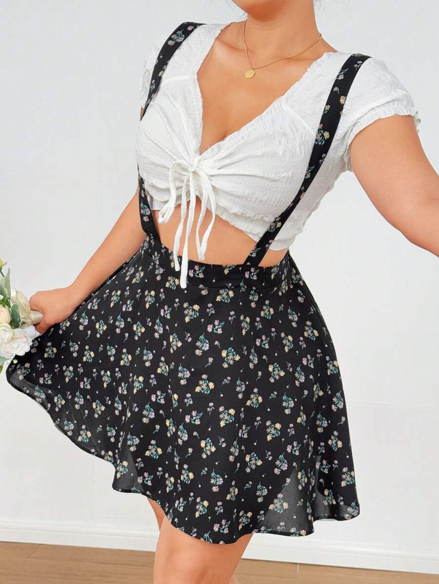 Flirla 可调节肩带水果图案连体裙 - 黑色 - 查看 1