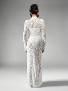 MISSGUIDED Robe de soirée de luxe à longueur de plancher, style blazer, avec manches longues, boutonnage devant, fente latérale, en dentelle maxi pour réception de mariage