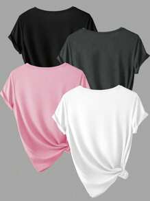 INAWLY Bộ 4 áo thun cổ tròn tay ngắn màu trơn thường ngày cho nữ - Nhiều màu - Xem 2